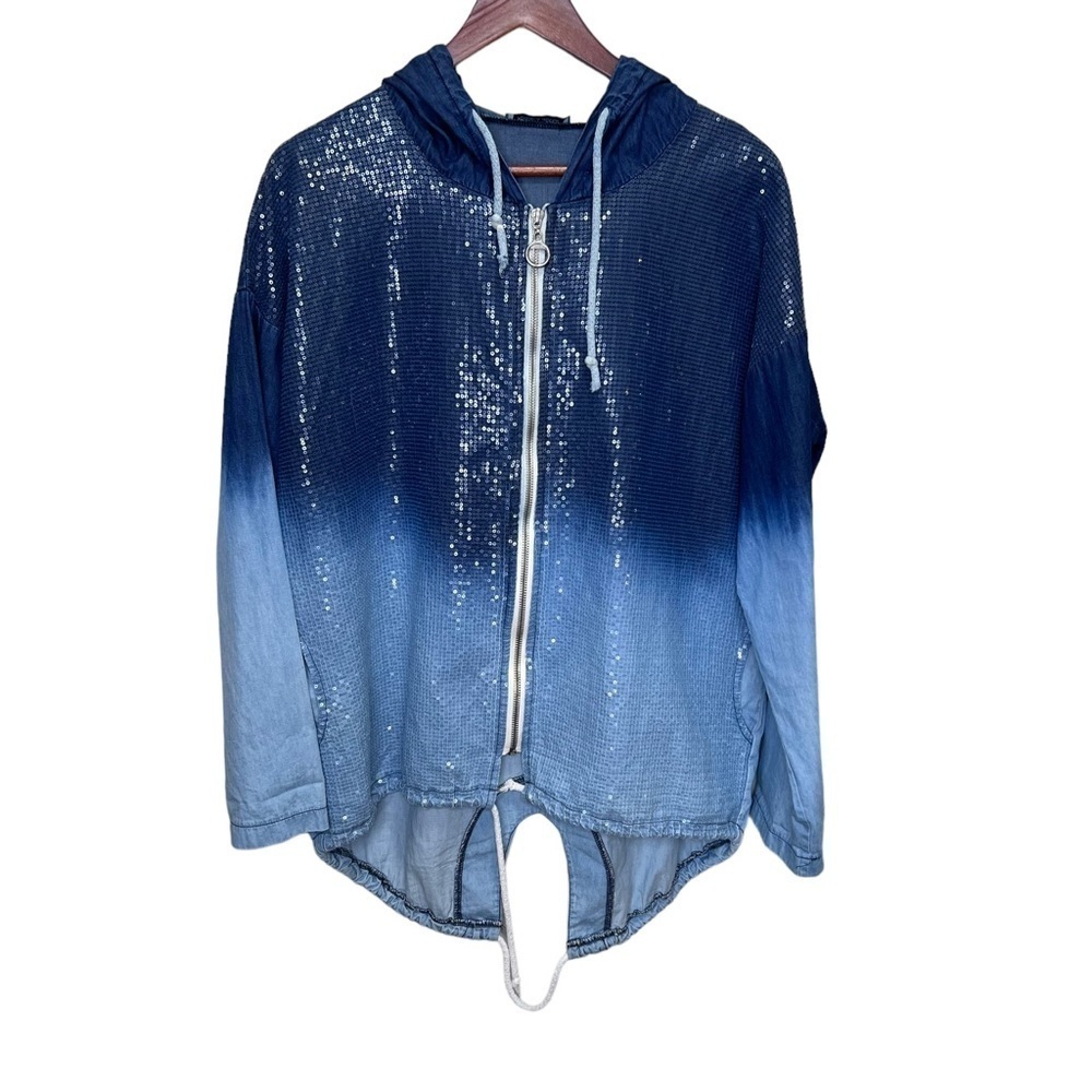 Angela Mara Blue Ombré Sequin Lightweight Hooded Jacket Size Small